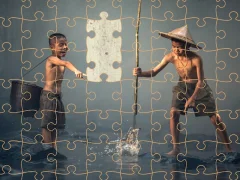 Spill Children Fishing Teamwork Jigsaw online